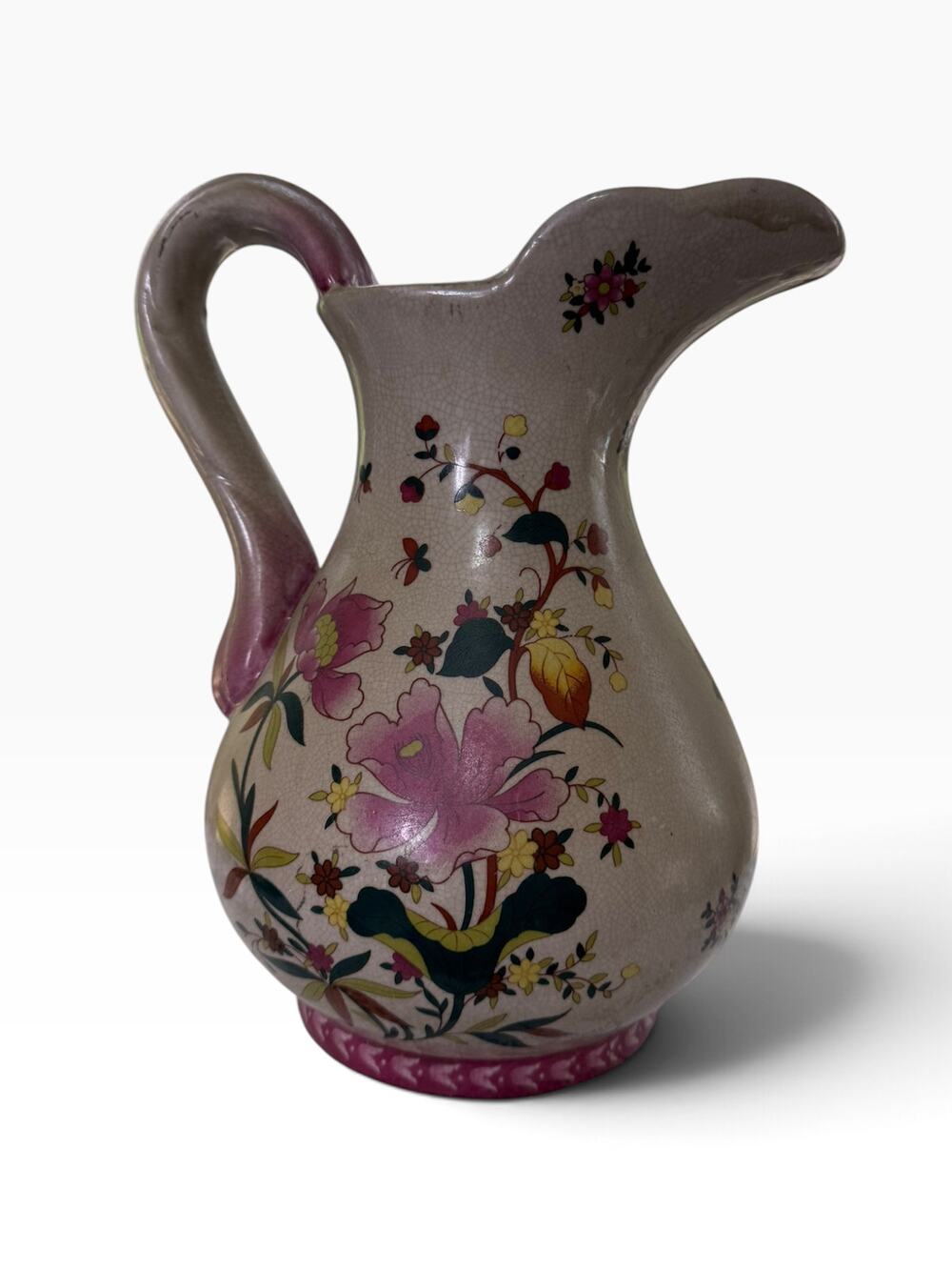 Large Chinoiserie Style Floral Ceramic Pitcher Pink Flowers Crackle Glaze